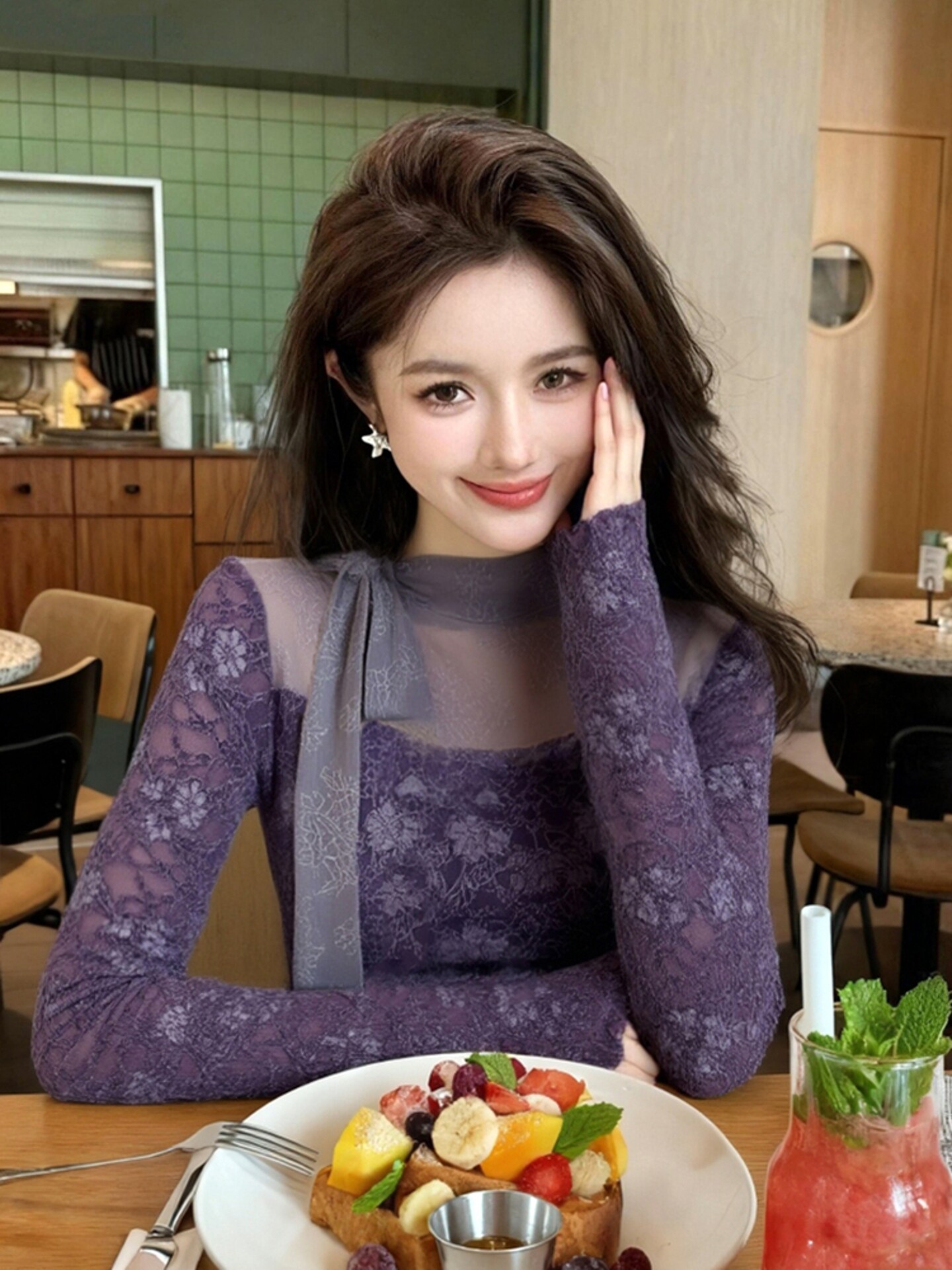 Turtleneck Knit 90S - Kaos Gothic Ungu Wanita Harajuku Y2k