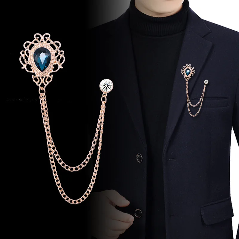 Vintage Fashion Mens - Pin Kerah Kristal Berlian Imitasi Rantai