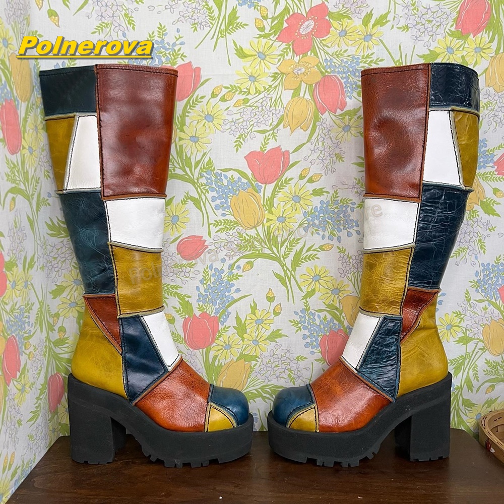 Vintage Style Women Fashion - Sepatu Boots Kulit Wanita Retro Patchwork