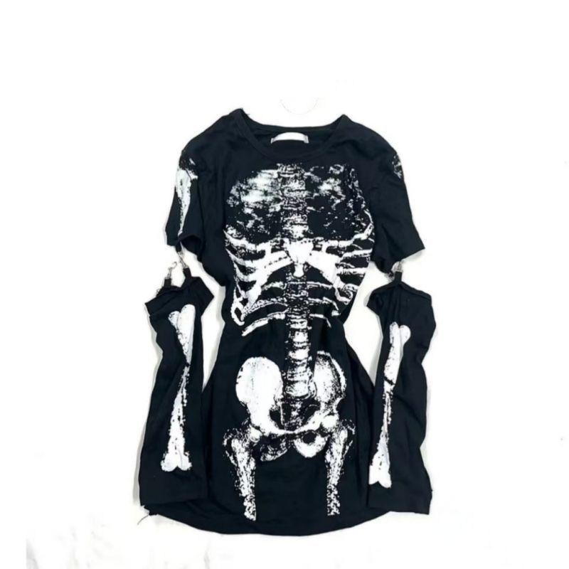 Vintage Fashion Subculture - Kaos Grafis Tengkorak Gothic dengan Lengan
