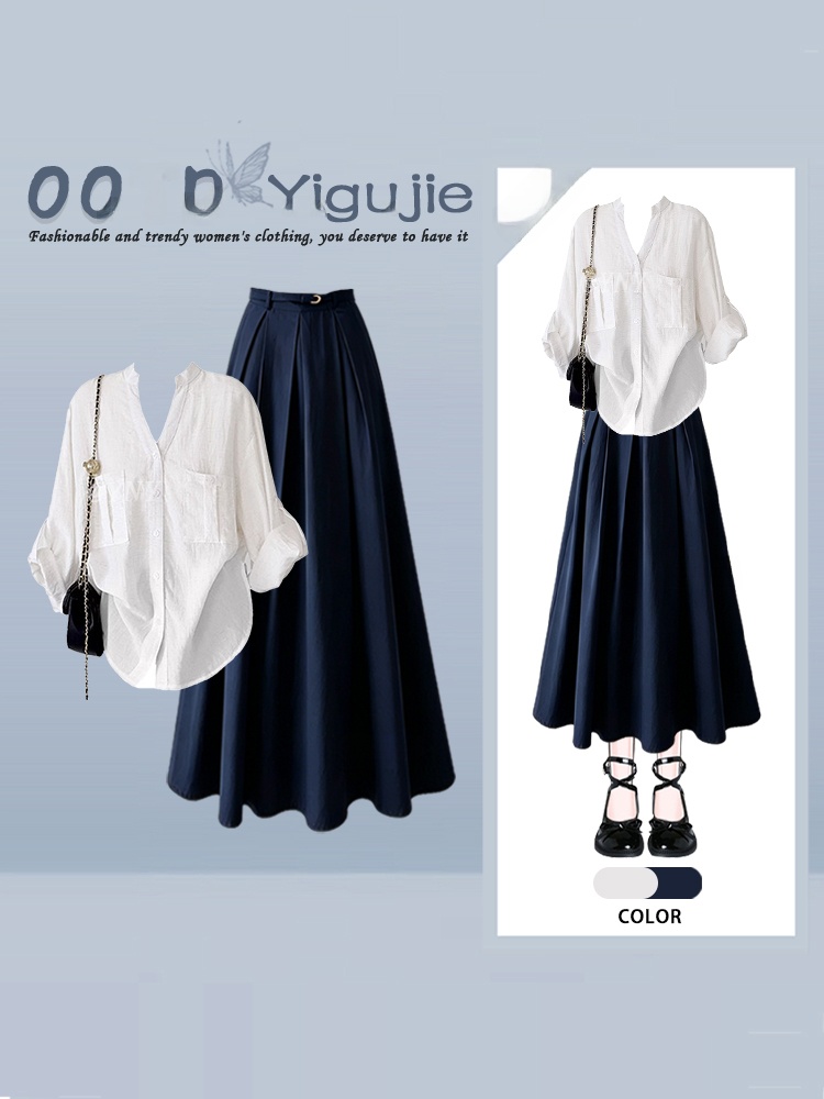 V Vintage Fashion - Kemeja Kasual Lengan Panjang V-Neck Longgar