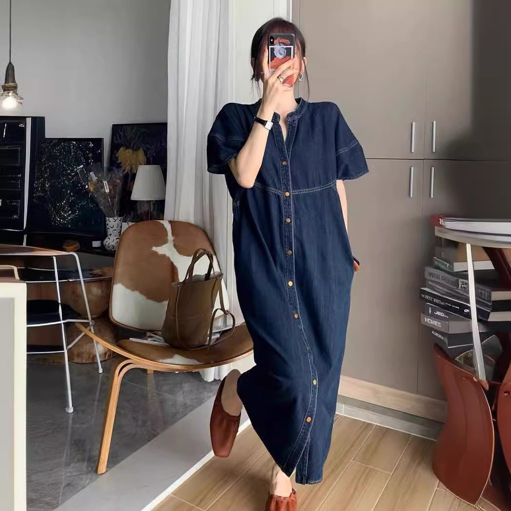 V Vintage Fashion - Gaun Denim Panjang Longgar Vintage Prancis