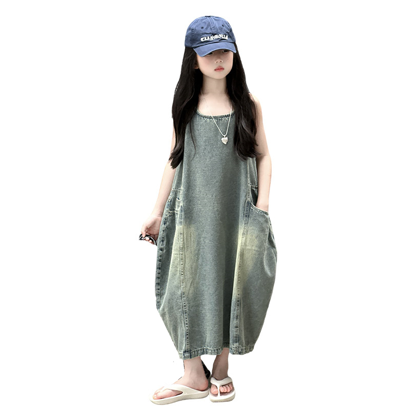 Vintage Fashion Girl - Gaun Denim Tanpa Lengan Kualitas Tinggi
