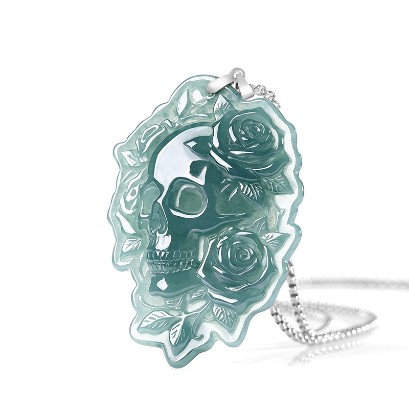 Vintage Women Fashion - Kalung Liontin Tengkorak Giok Burma Alami,