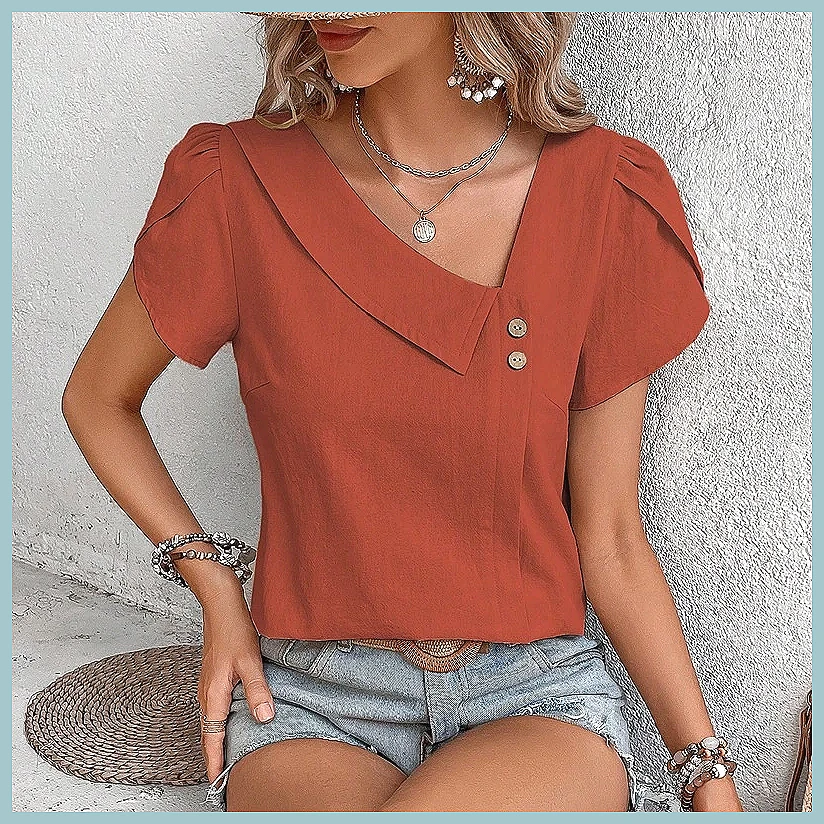 Vintage Women Fashion - Blus Warna Solid Vintage Musim Panas