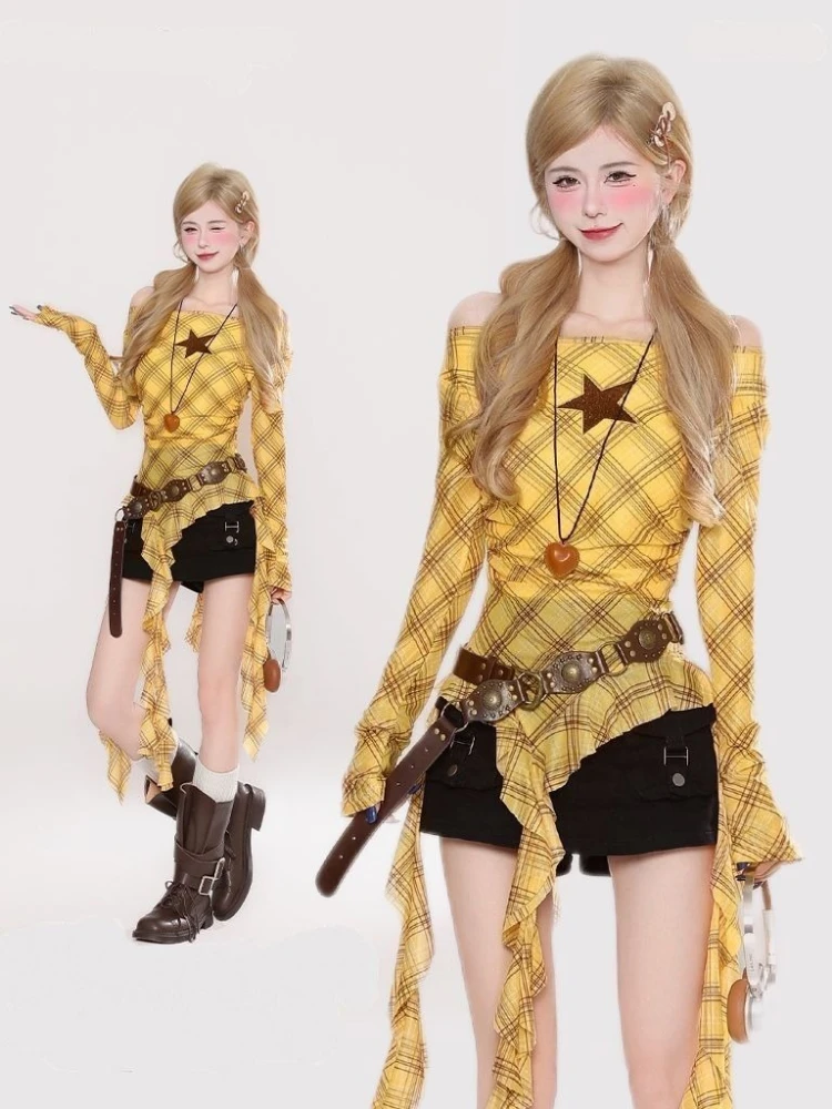 Kaos Vintage Y2K Plaid Slash N - Vintage Women Fashion ulasan dan harga