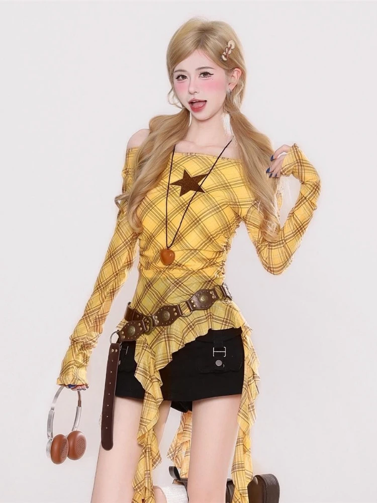 Kaos Vintage Y2K Plaid Slash N - Vintage Women Fashion ulasan dan harga
